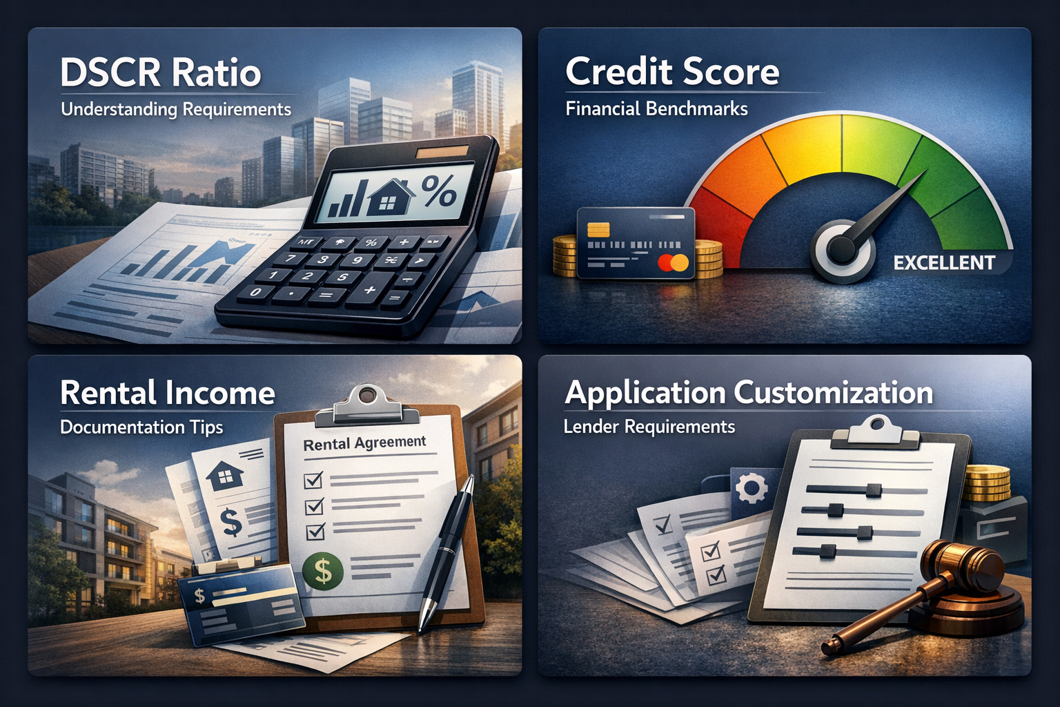Infographic showing DSCR ratio requirements, credit score benchmarks, rental income documentation, and application customization tips.