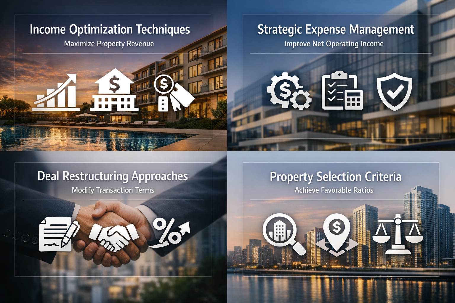 Visual representation of income optimization techniques, strategic expense management, deal restructuring, and property selection criteria.