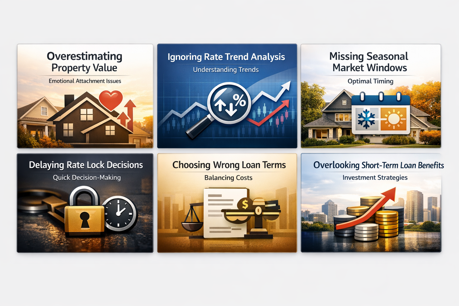 Infographic on critical rental refinance mistakes including property valuation, rate lock, and loan term errors.