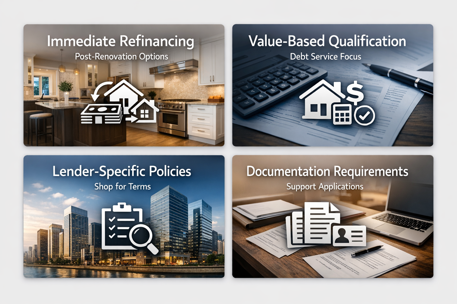 Infographic on DSCR refinance after renovation strategies including refinancing options, qualification focus, lender policies, and documentation.