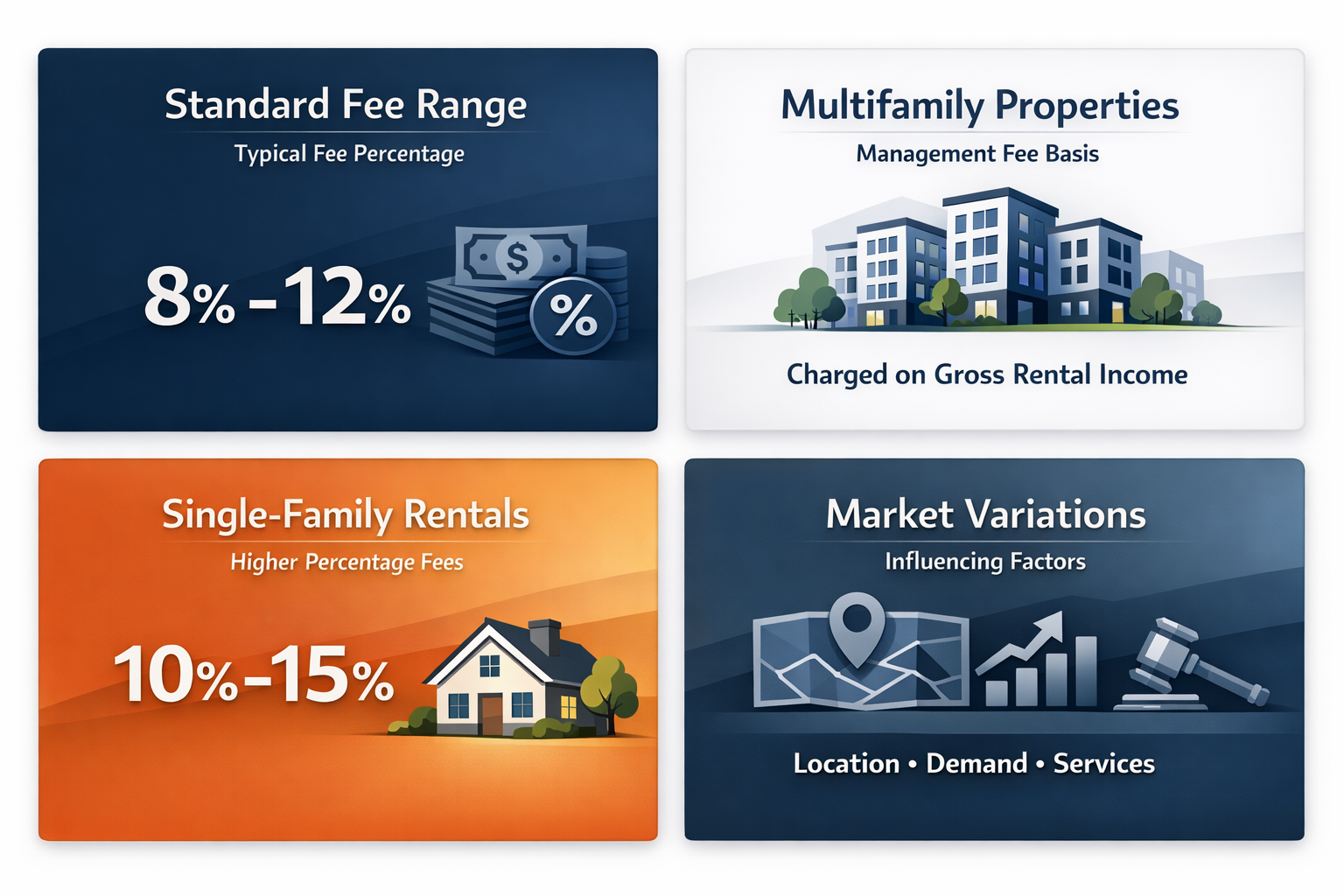 Visual guide on property management fee assumptions covering standard fees, multifamily properties, single-family rentals, and market variations.
