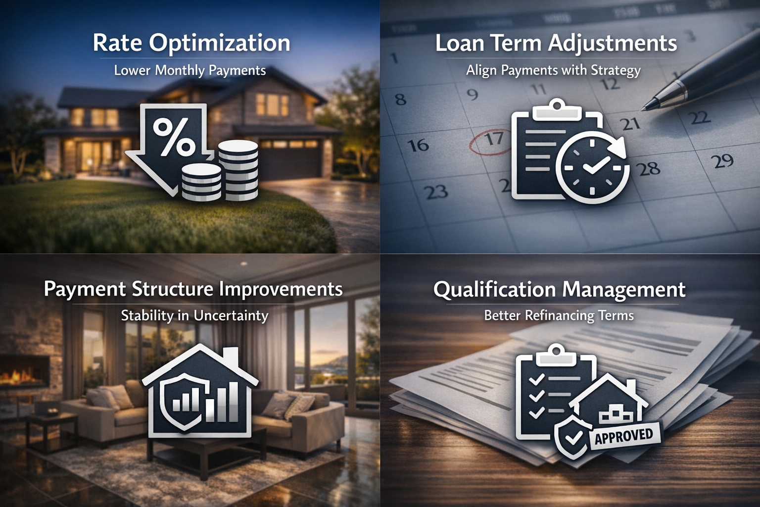 Infographic showing rate optimization, loan term adjustments, payment structure improvements, and qualification management for refinancing strategies.