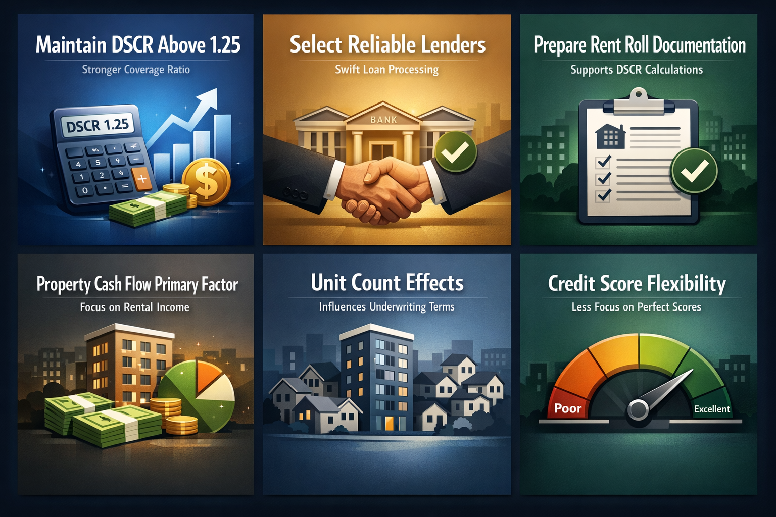 Infographic on securing competitive DSCR rates with tips on maintaining DSCR, lender selection, and rent roll preparation.