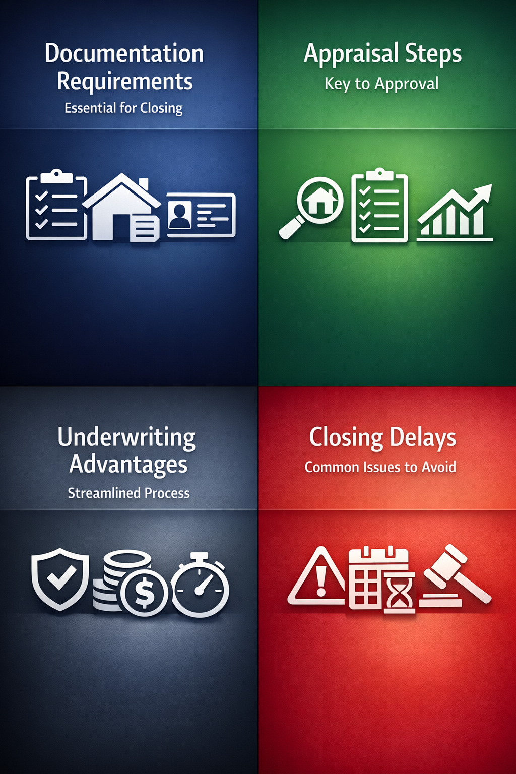 Visual representation of essential documentation, appraisal steps, underwriting advantages, and common closing delays for DSCR loans.