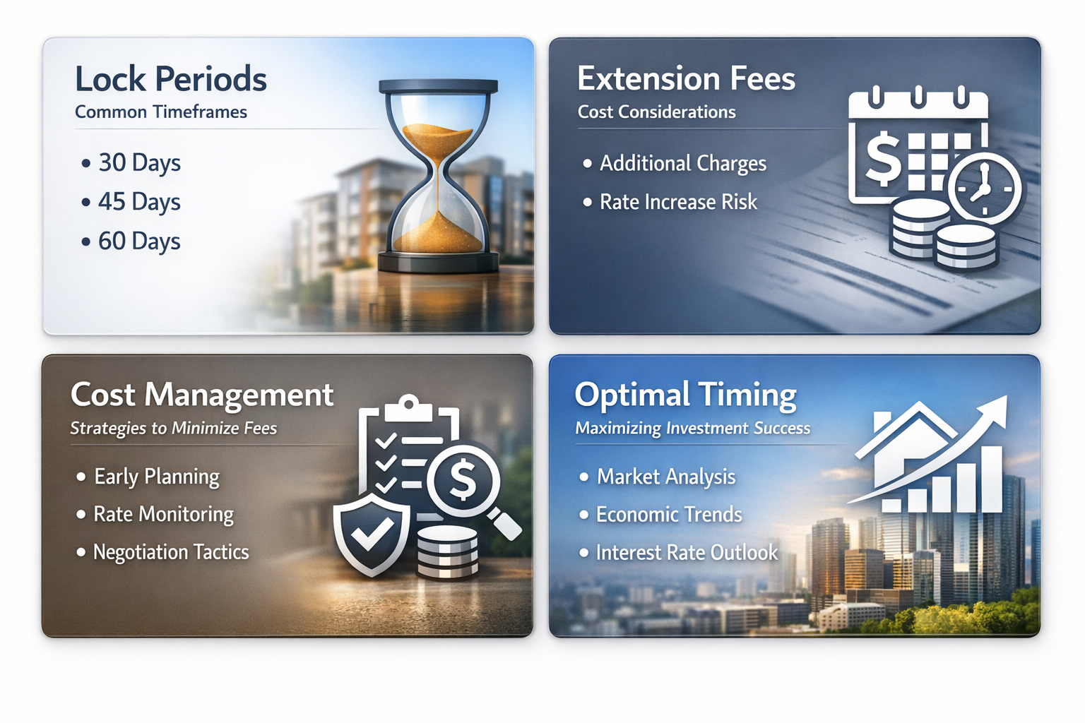 Infographic showing lock periods, extension fees, cost management strategies, and optimal timing for DSCR loans.