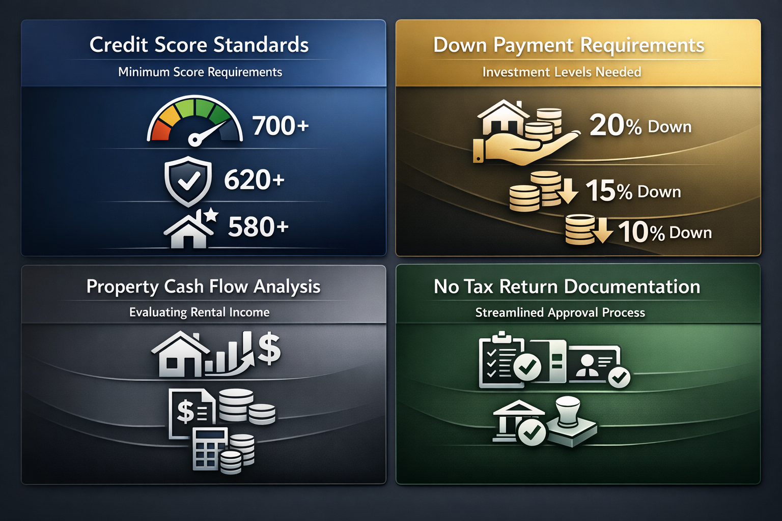 Infographic detailing essential DSCR loan requirements including credit score standards, down payment requirements, cash flow analysis, and documentation needs.
