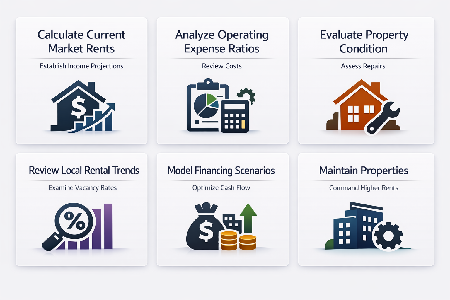 Steps for analyzing rental properties for DSCR loans including market rents, expenses, property condition, and financing scenarios.