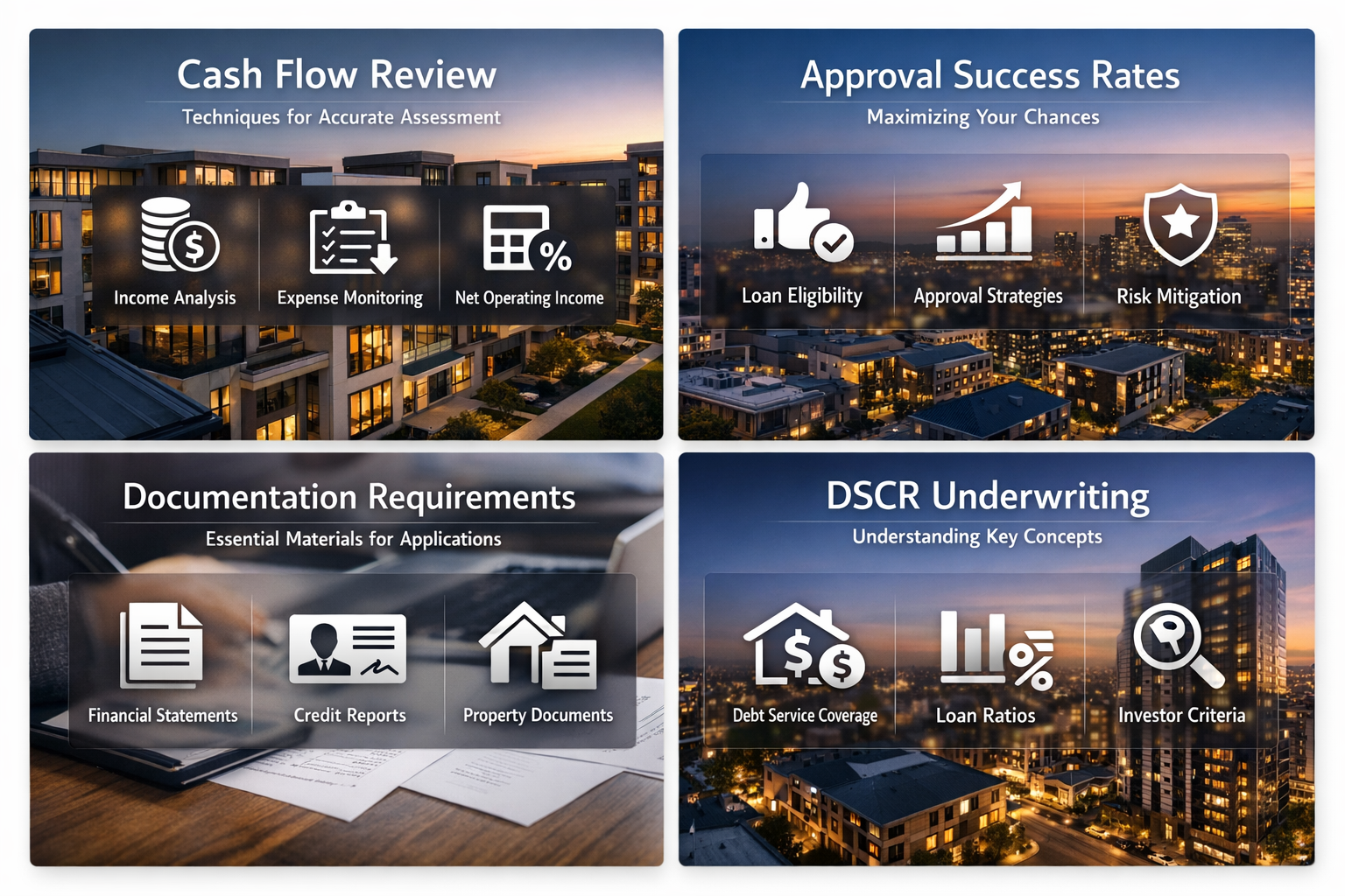Infographic showing cash flow review techniques, approval success rates, documentation requirements, and DSCR underwriting concepts.