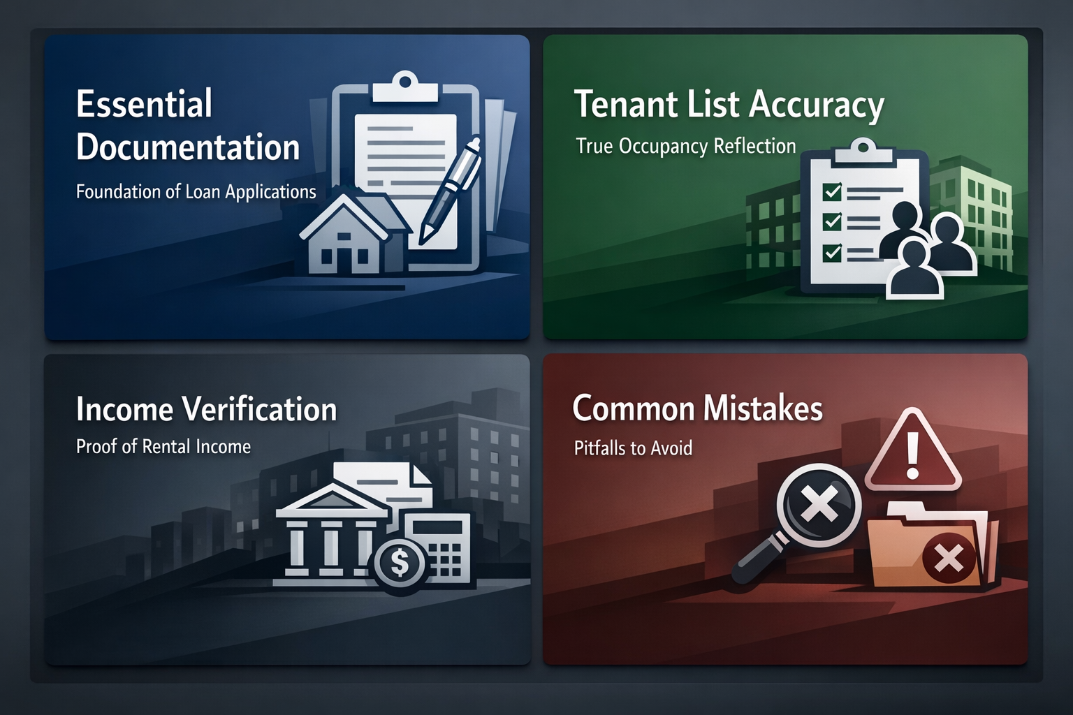 Visual representation of essential rent roll documentation, tenant list accuracy, income verification, and common mistakes to avoid.