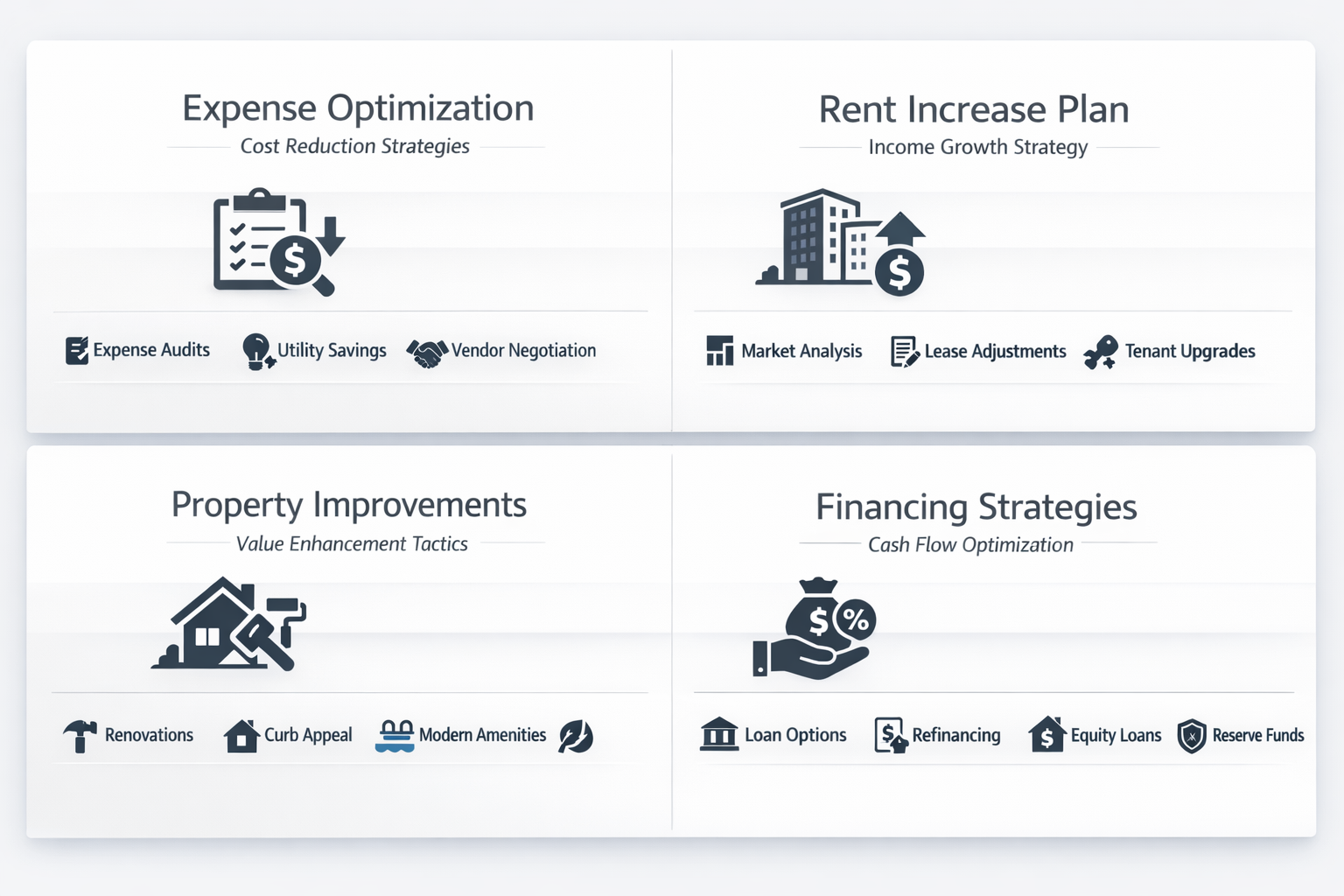 Infographic showing expense reduction strategies, rent increase planning, property improvements, and financing strategies for low DSCR deals.