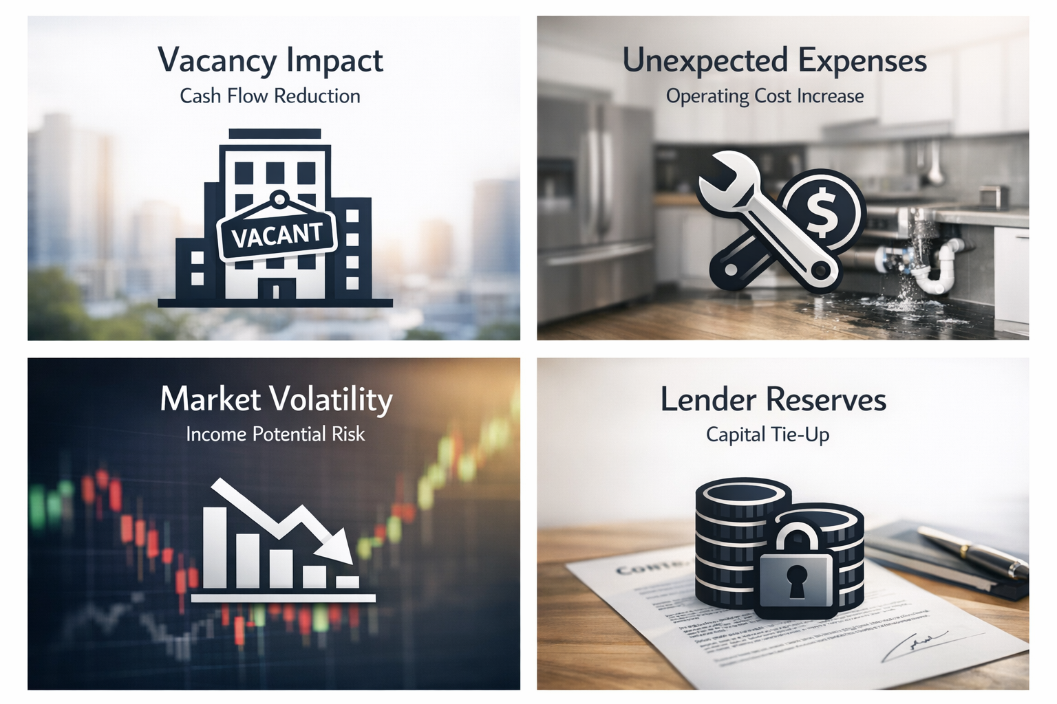 Infographic showing DSCR loan risks: Vacancy Impact, Unexpected Expenses, Market Volatility, and Lender Reserves.