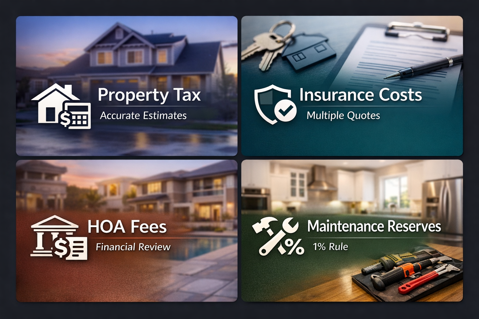 Infographic showing essential DSCR expense assumptions including property tax, insurance costs, HOA fees, and maintenance reserves.