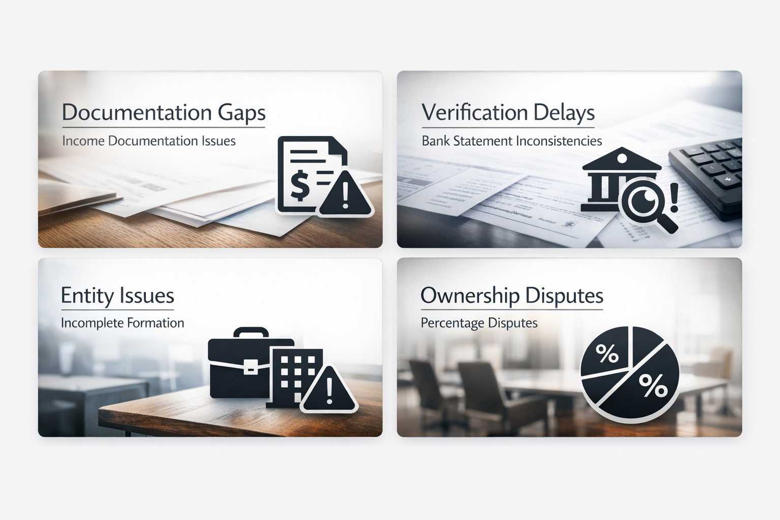 Infographic detailing documentation and verification problems, including income gaps and verification delays.