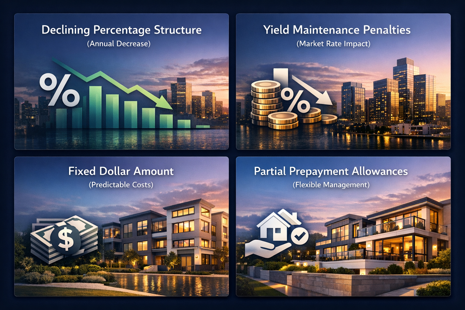 Visual breakdown of DSCR loan prepayment penalty structures including declining percentage, yield maintenance, fixed dollar amount, and partial prepayment allowances.