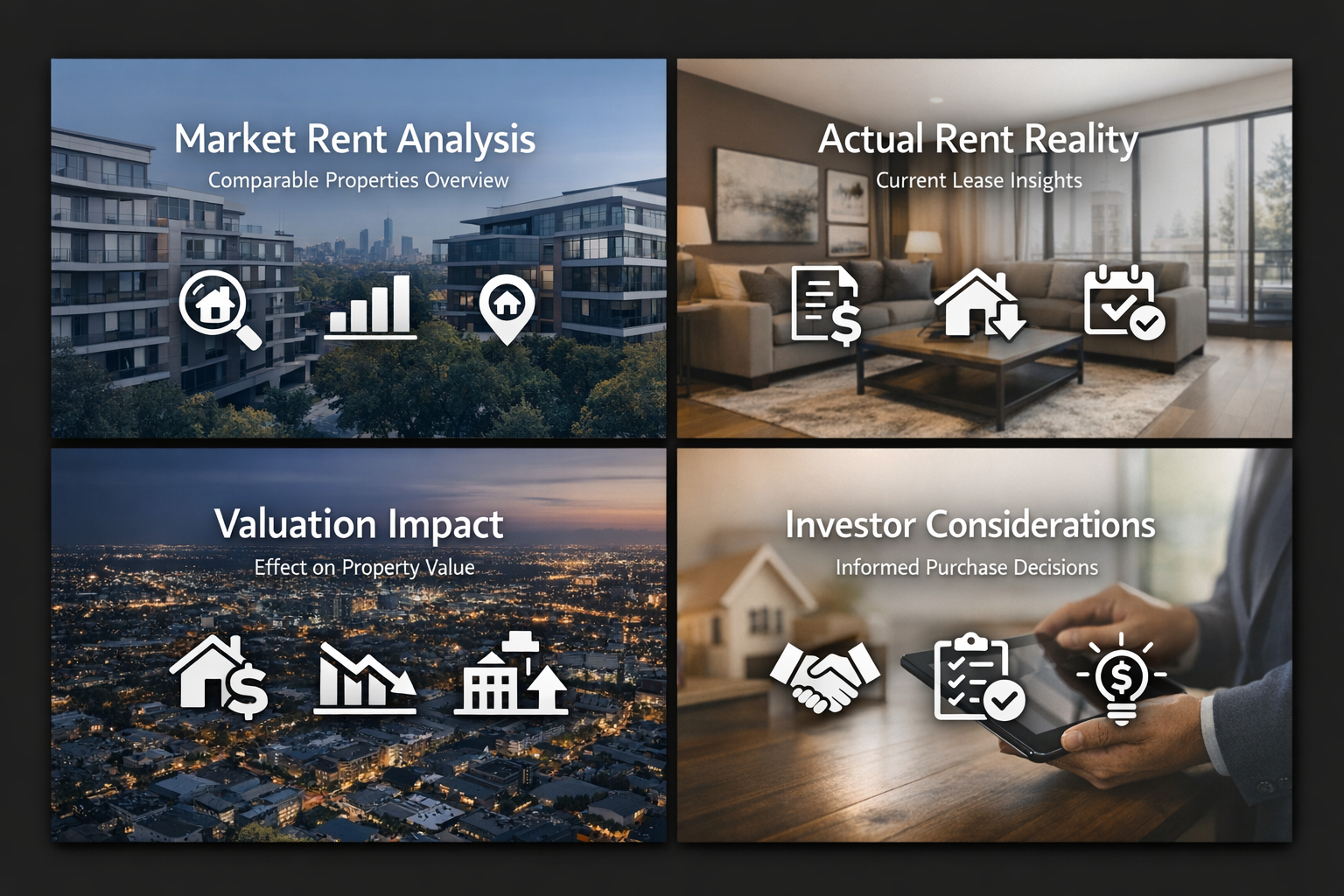 Infographic comparing market rent analysis, actual rent reality, valuation impact, and investor considerations for real estate.