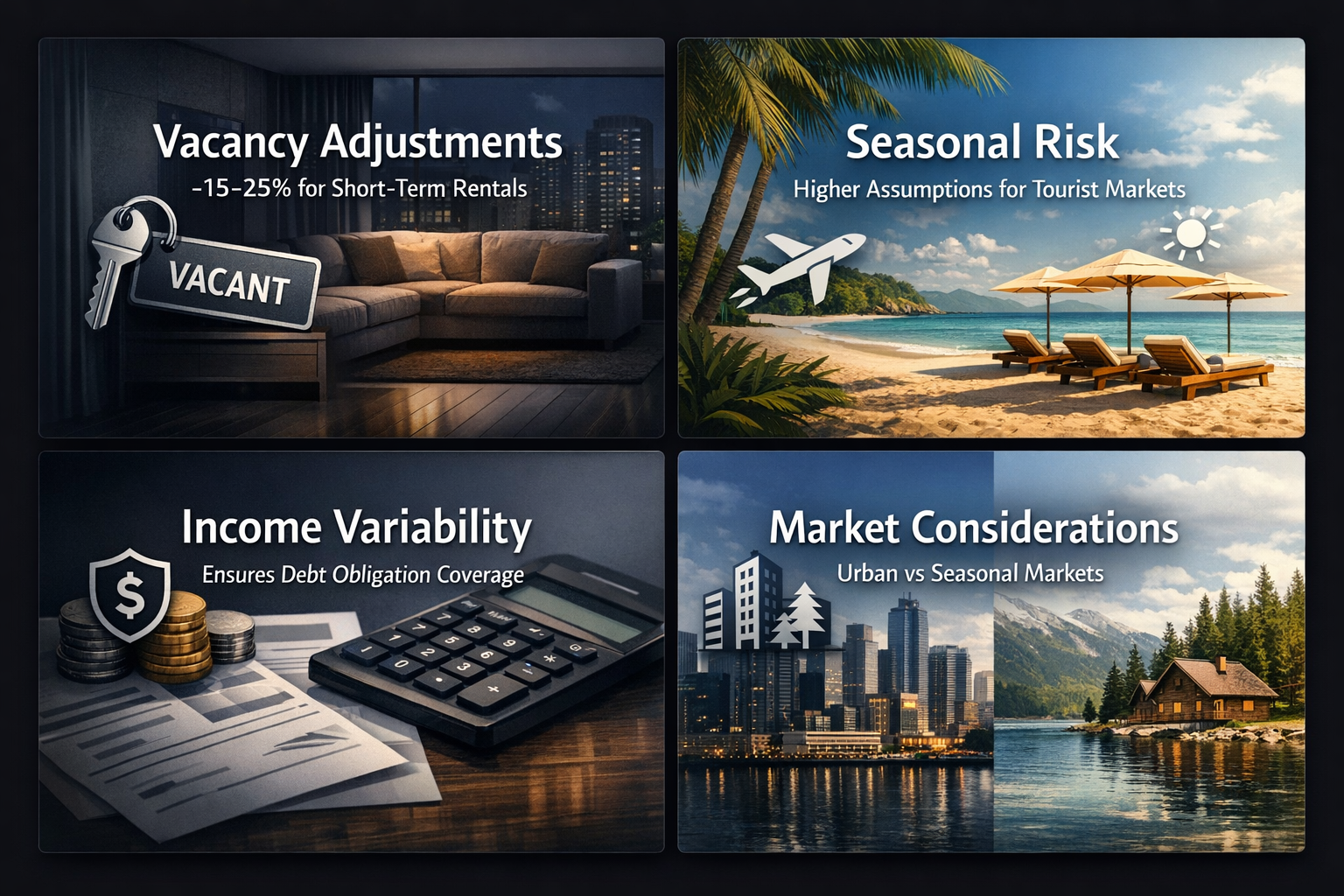 Infographic showing vacancy adjustments, seasonal risk, income variability, and market considerations for short-term rentals.