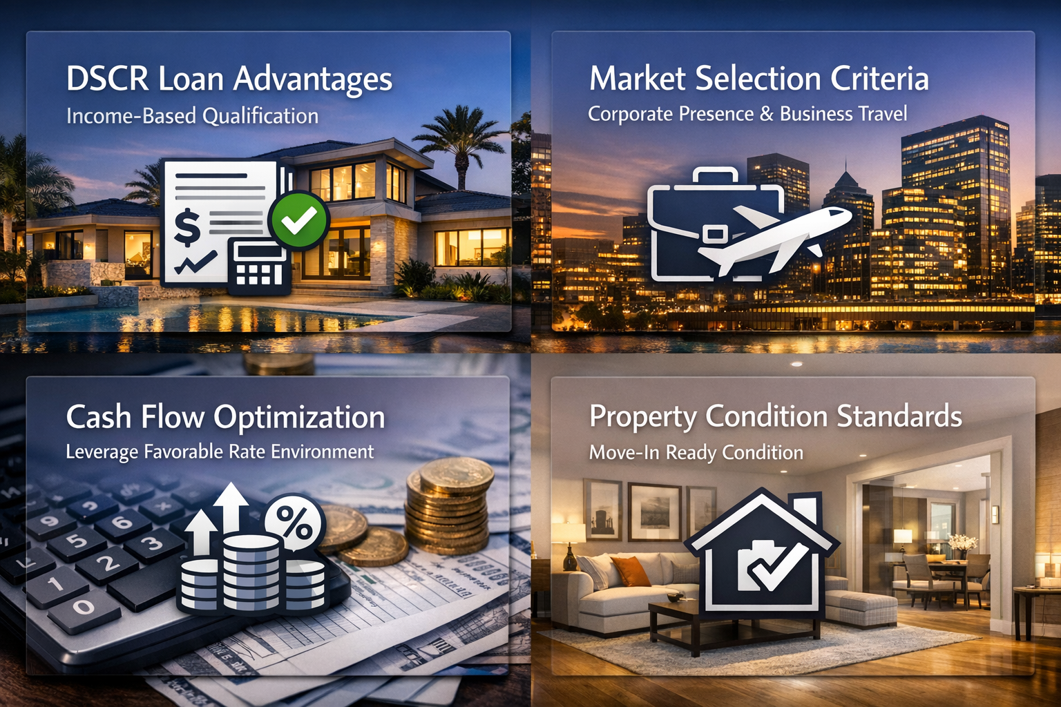 Visual guide on DSCR loan advantages, market selection criteria, cash flow optimization, and property condition standards.