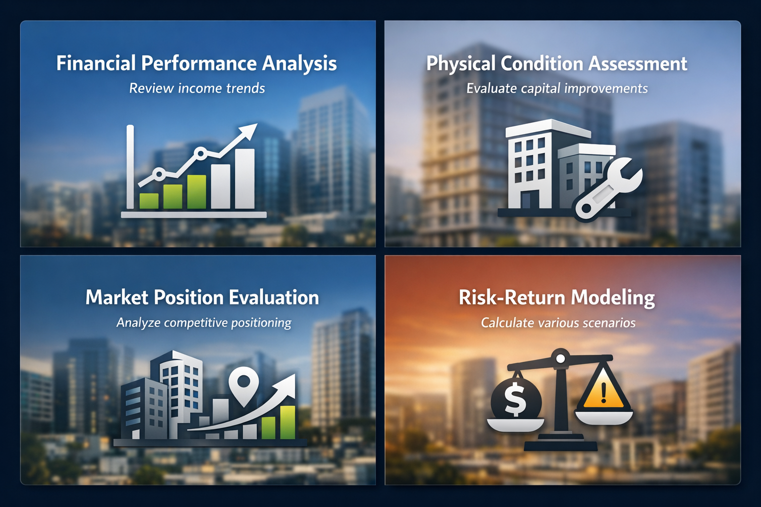 Step-by-step evaluation process for distressed properties including financial analysis and risk modeling.