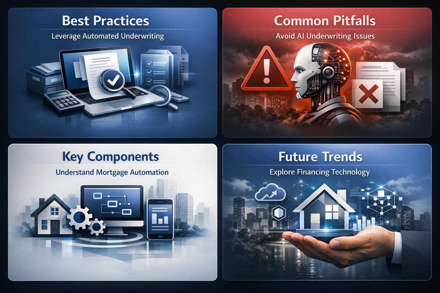 Infographic on best practices, pitfalls, components, and trends in automated mortgage underwriting for investors.