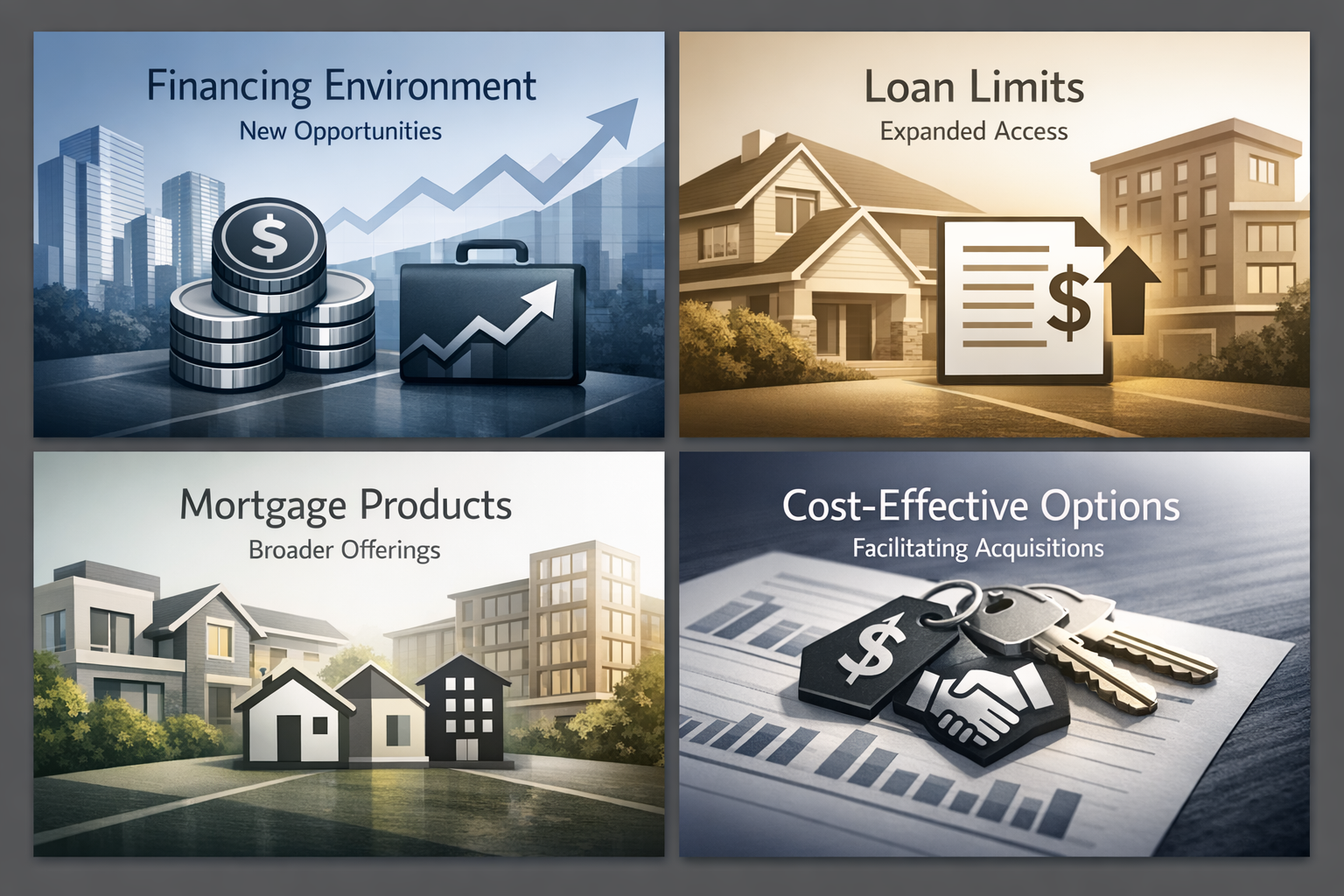 Infographic on financing environment changes, highlighting new opportunities, loan limits, mortgage products, and cost-effective options.