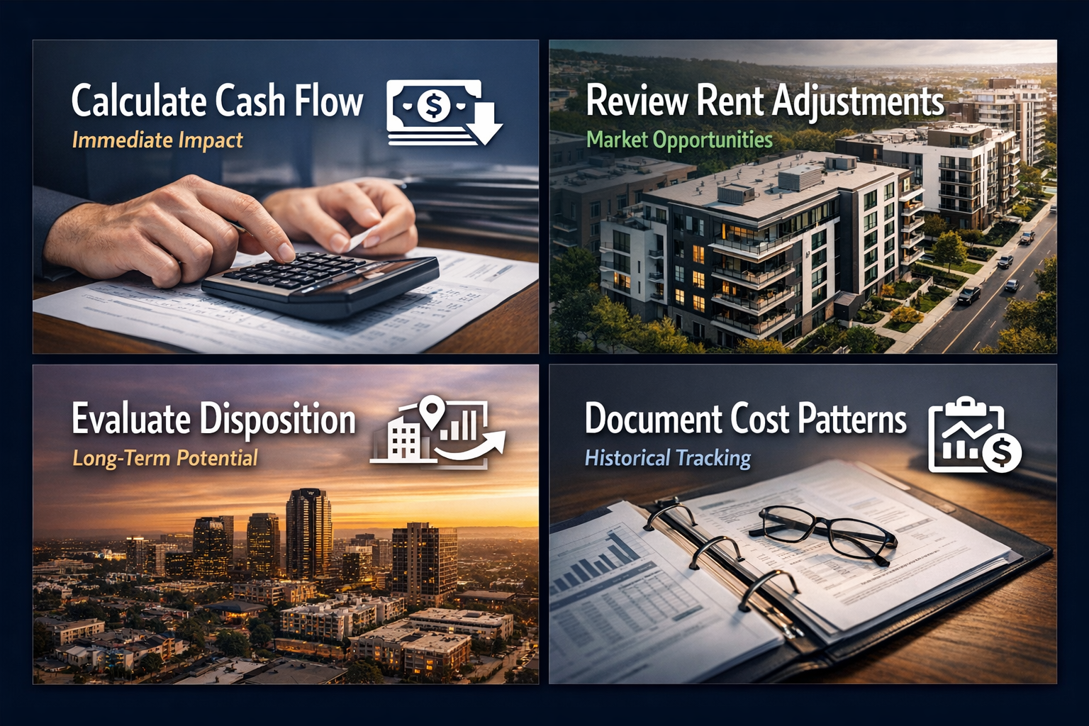 Infographic showing essential property tax impact assessment checklist for rental cash flow management with four key factors.