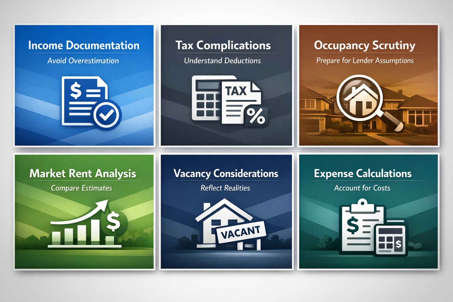 Infographic on income documentation pitfalls for short-term rental investors, covering income overestimation, tax complications, and occupancy scrutiny.