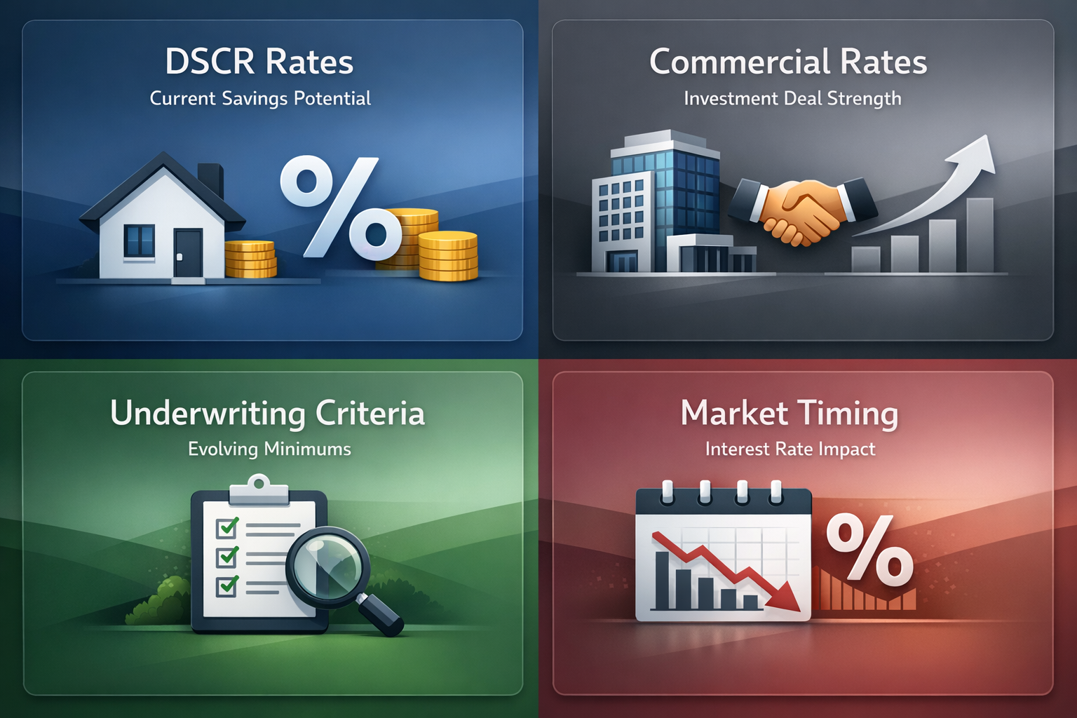 Infographic showing DSCR rates, commercial rates, underwriting criteria, and market timing for real estate investors.