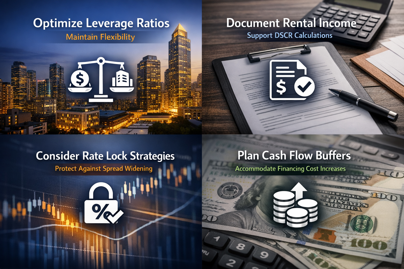 Infographic showing strategic loan structuring steps for spread protection in mortgage financing for real estate investors.