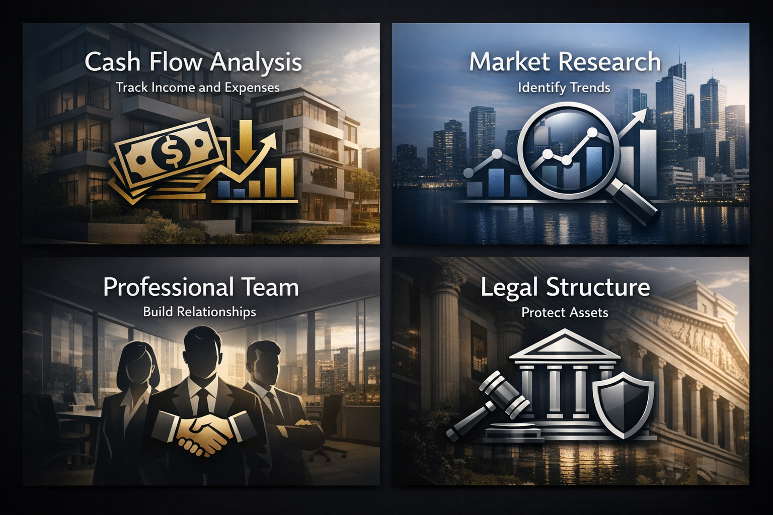 Infographic showing essential foundation elements for rental portfolio growth including cash flow analysis and market research.
