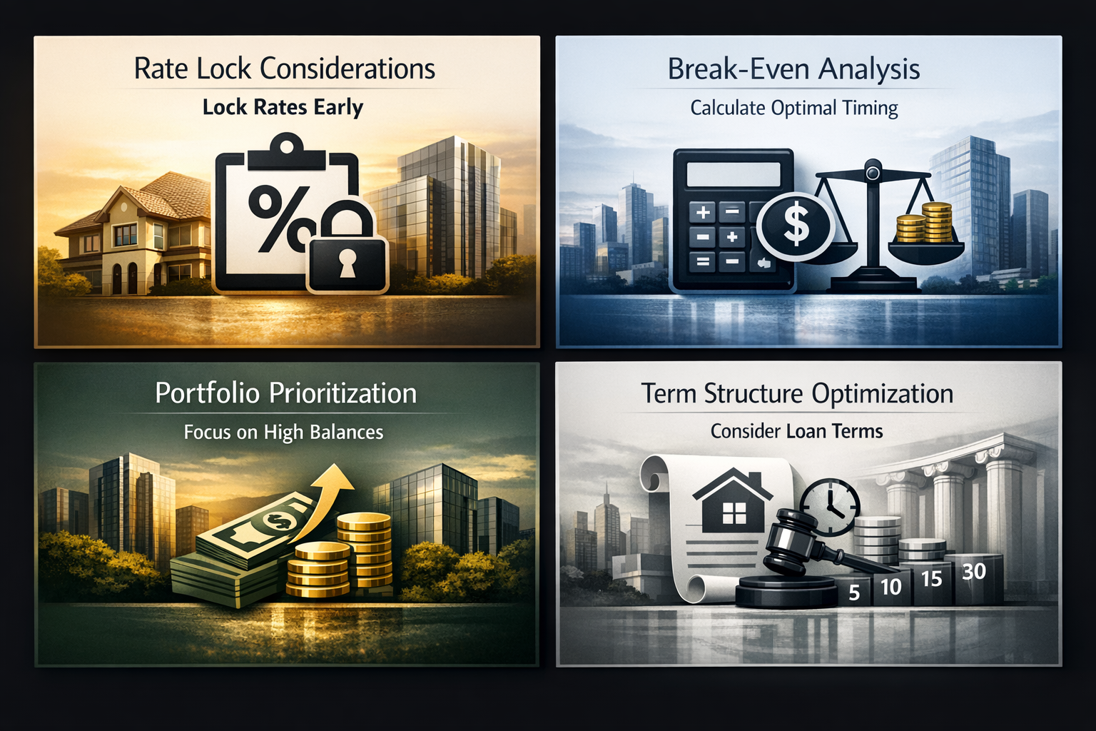 Infographic on refinance timing strategies for rental investors including rate lock, break-even analysis, prioritization, and term optimization.