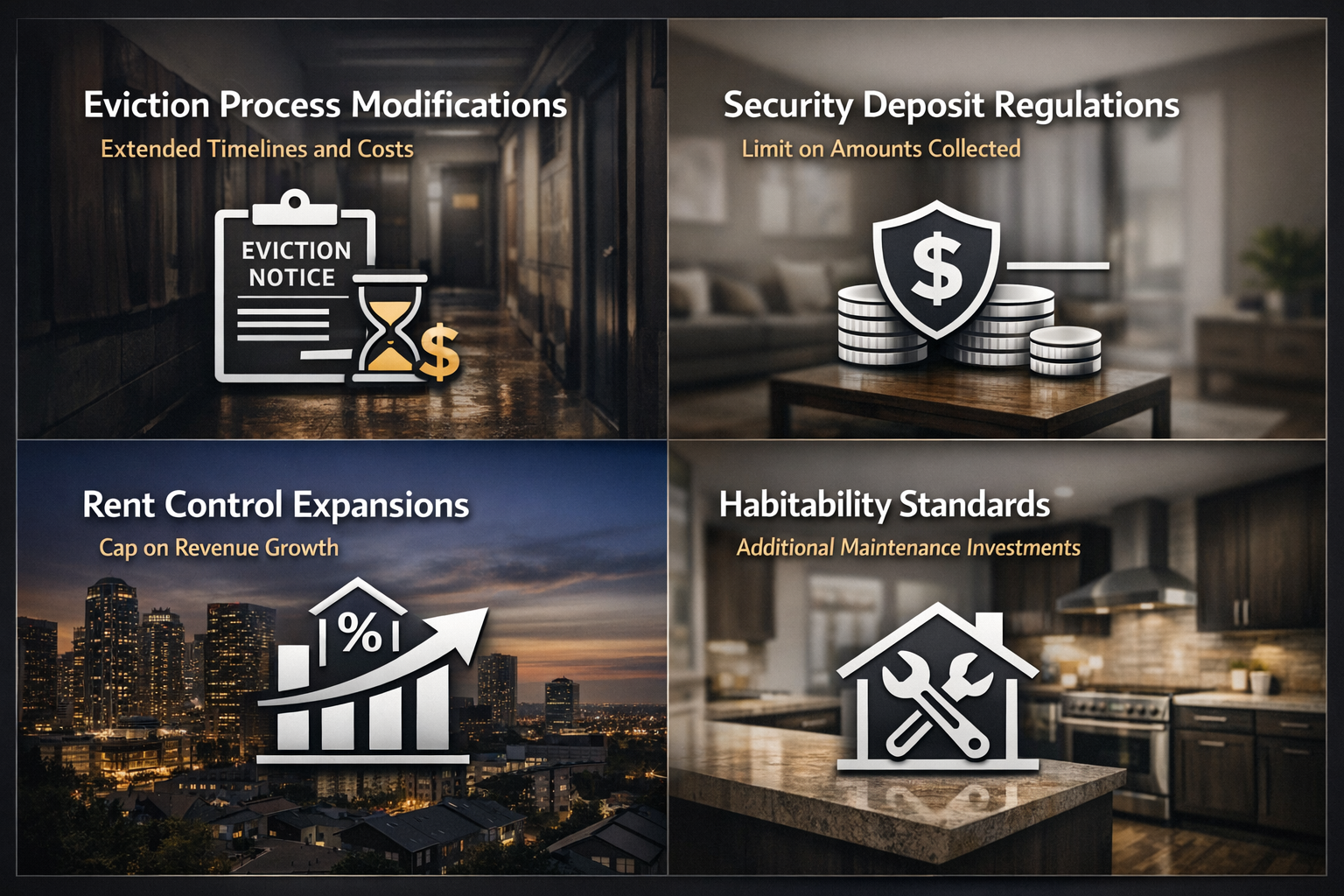 Infographic showing key legislative changes affecting investors including eviction process, security deposits, rent control, and habitability standards.
