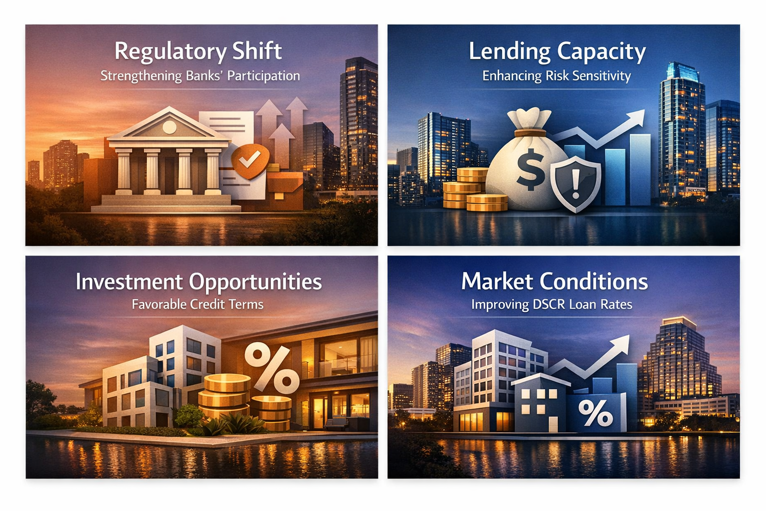 Infographic showing regulatory shifts, lending capacity enhancements, investment opportunities, and improving market conditions for rental properties.
