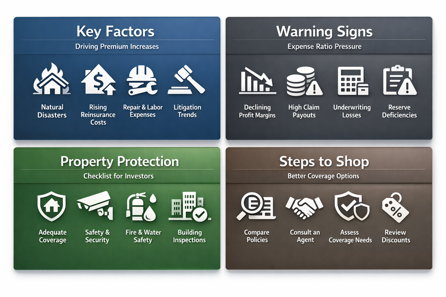 Infographic showing key factors driving insurance premium increases, warning signs of expense ratio pressure, property protection checklist, and steps to shop for better coverage.