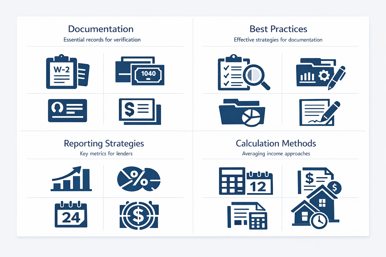 Visual guide on essential documentation, best practices, reporting strategies, and calculation methods for short-term rental income verification.