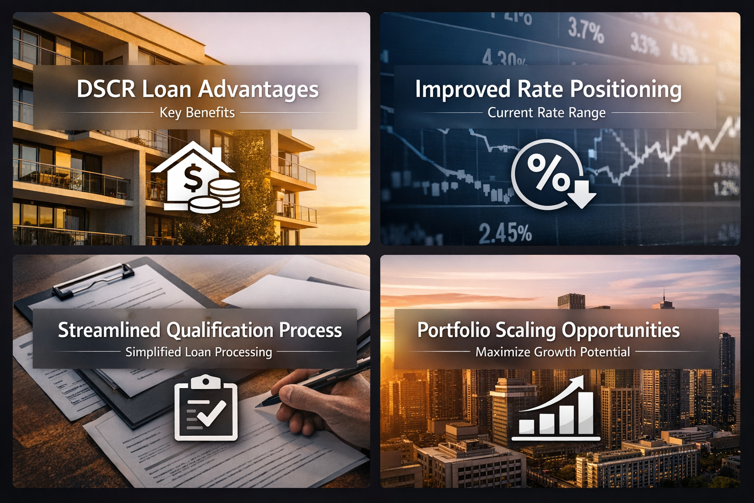 Infographic showing DSCR loan advantages including property income focus and improved rate positioning for investors.