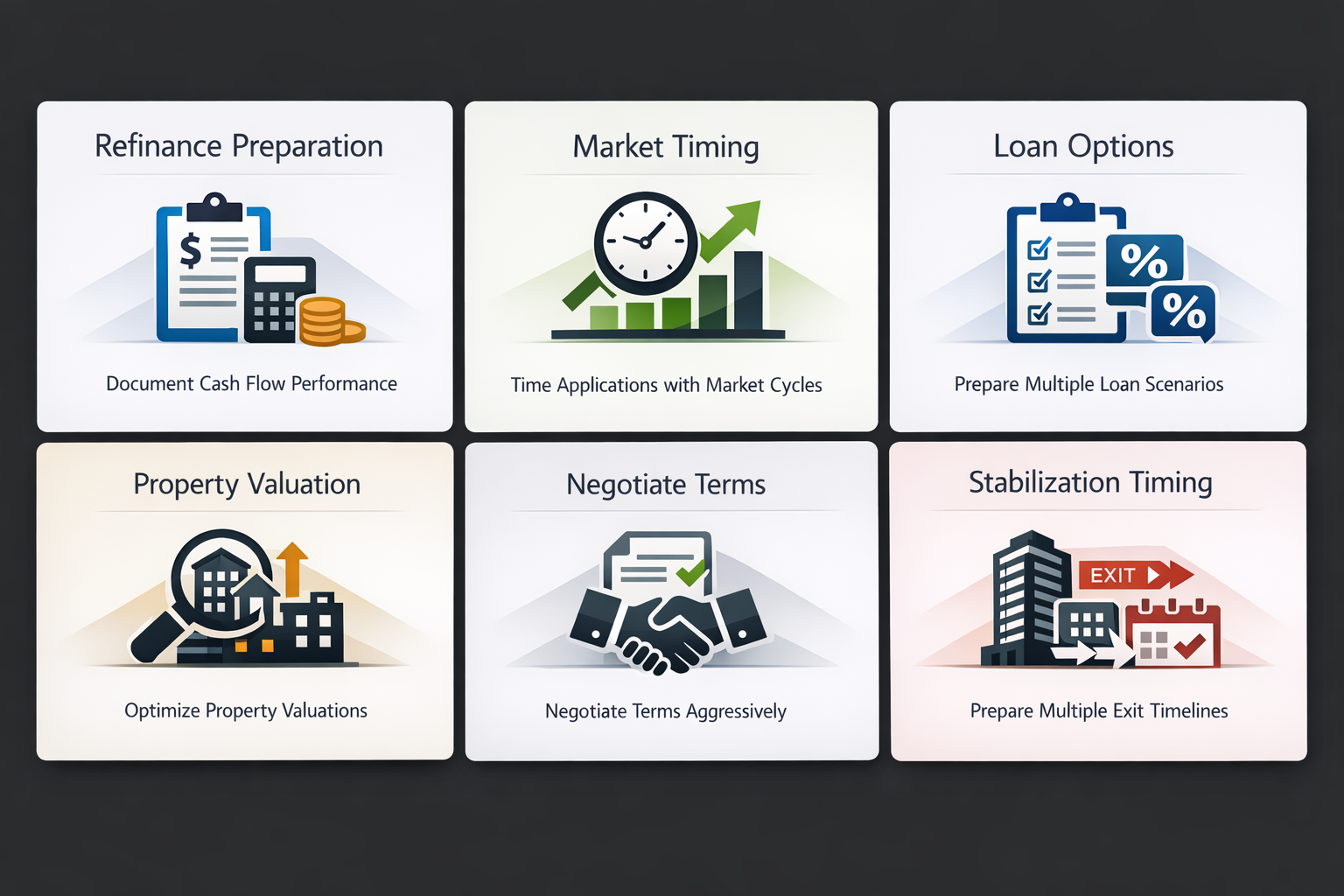 Infographic on refinance pivot strategies including cash flow documentation, market timing, loan options, property valuation, and negotiation tactics.
