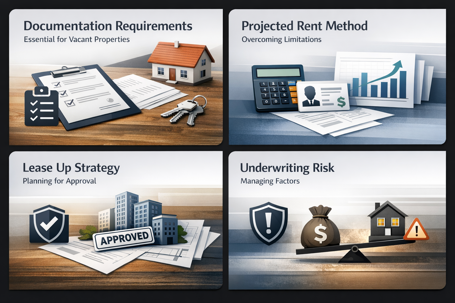 Infographic on documentation requirements, projected rent method, lease up strategy, and underwriting risk for vacant properties.