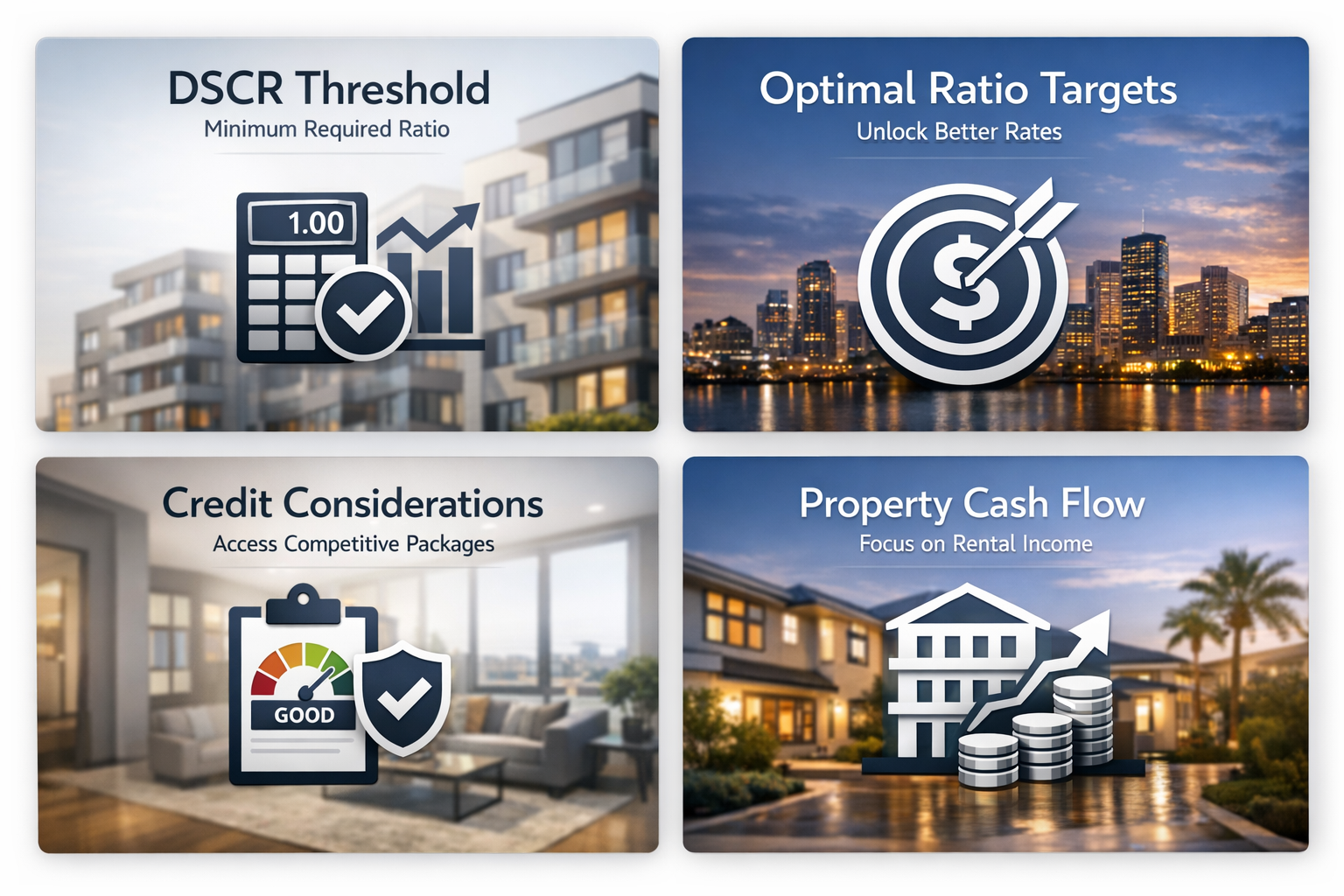 Infographic detailing DSCR loan requirements including minimum threshold, optimal ratios, credit considerations, and cash flow analysis.