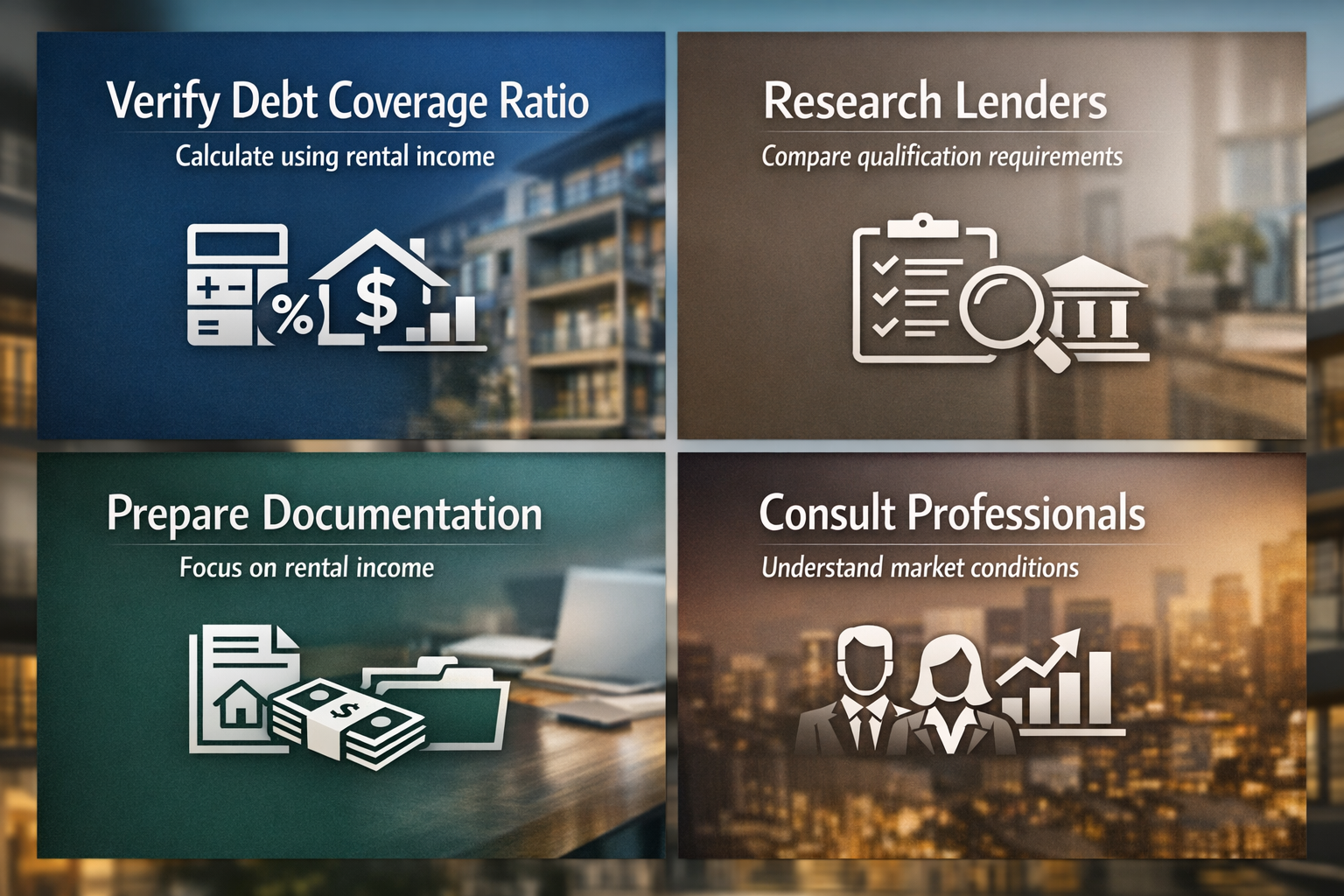 Steps to verify qualification status for real estate investors, including calculating debt coverage ratio and researching lenders.