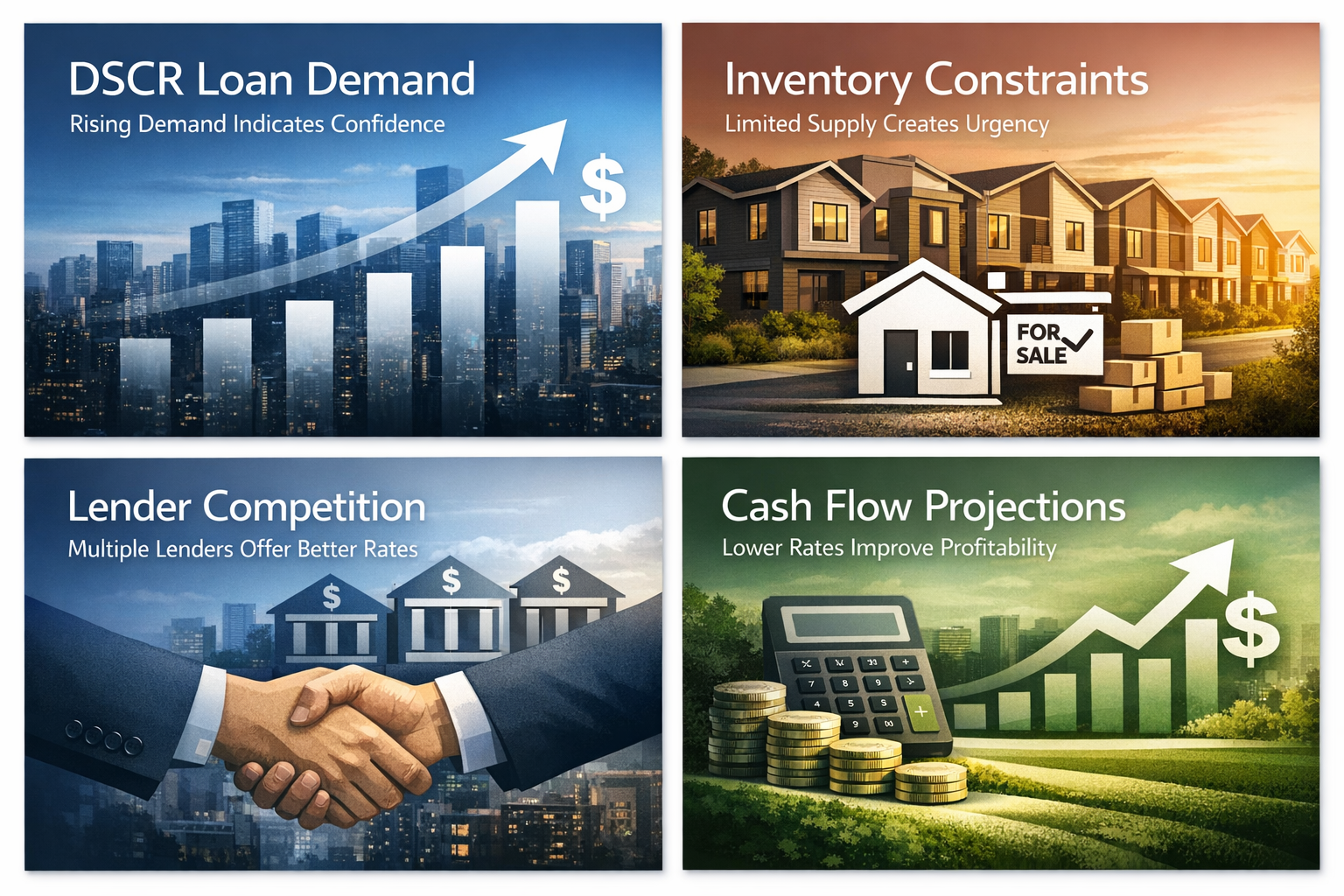 Infographic showing key market indicators for rental financing behavior after rate dips including DSCR loan demand and lender competition.