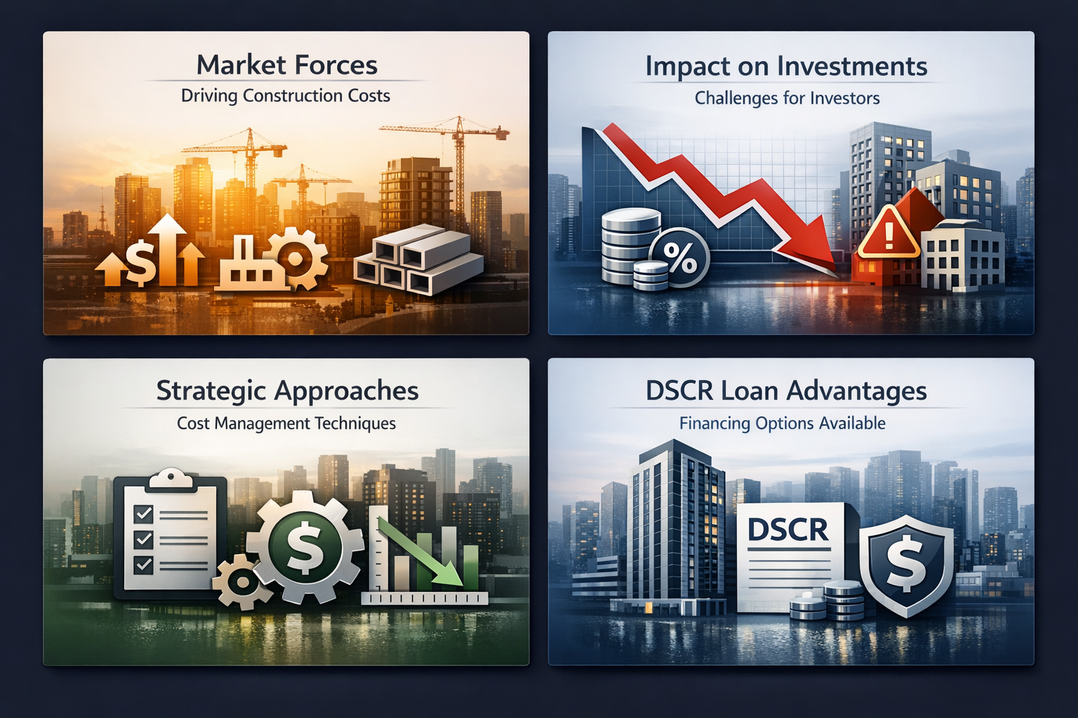 Infographic showing market forces, investment impacts, strategic approaches, and DSCR loan advantages for real estate investors.
