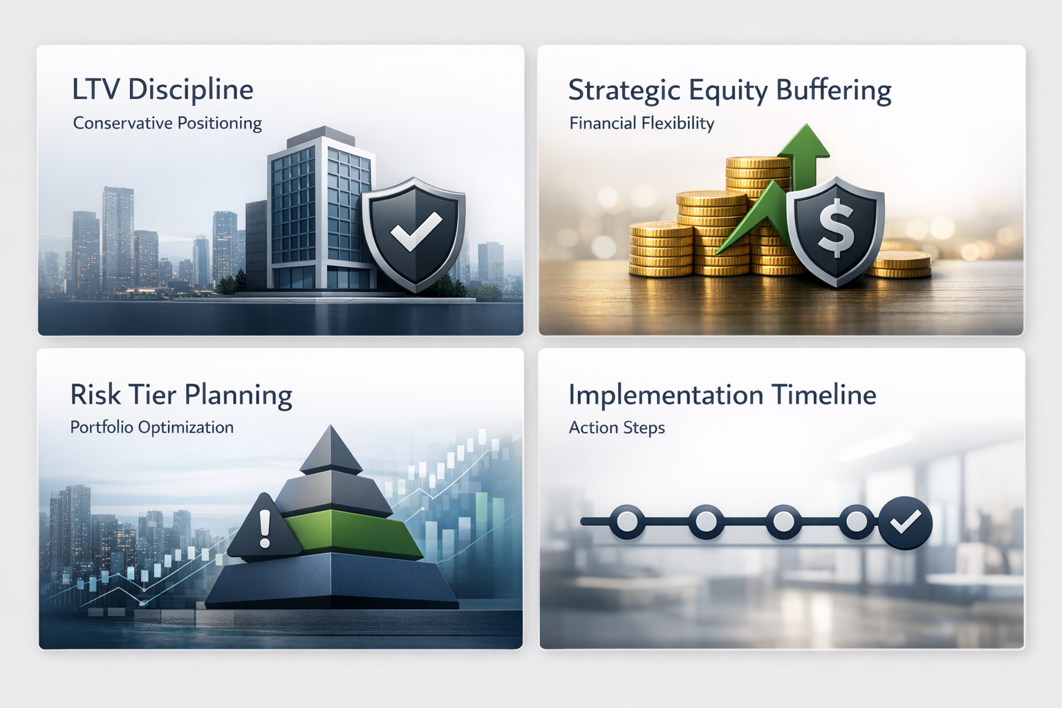 Visual representation of implementation timeline and action steps for leveraging strategies in tightening credit cycles.