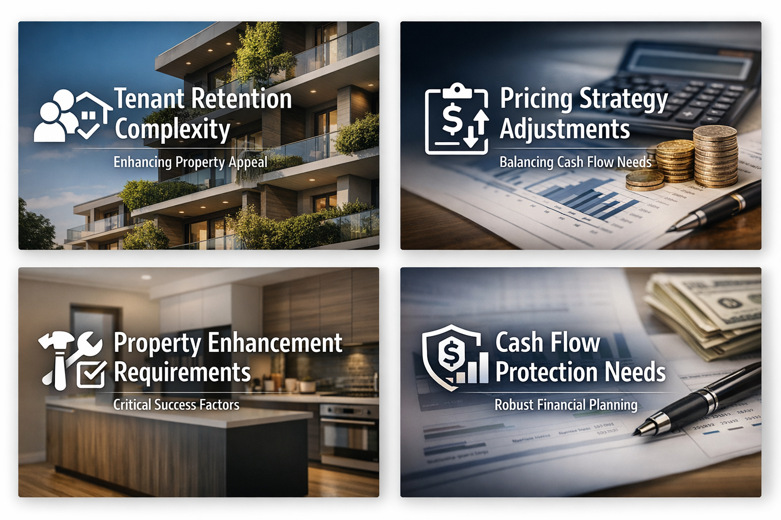 Infographic showing tenant retention complexity, pricing strategy adjustments, property enhancement requirements, and cash flow protection needs.