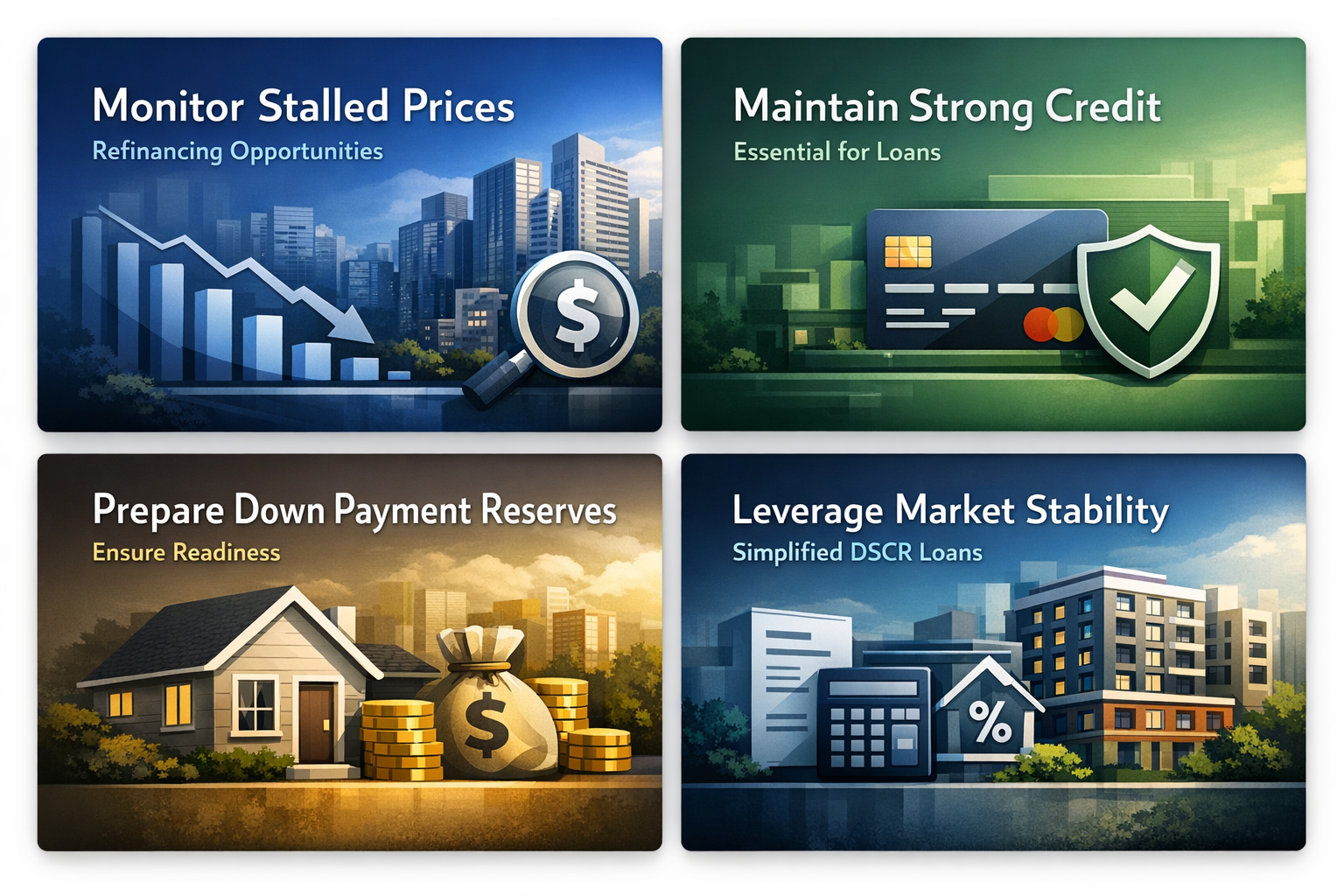 Infographic on smart investment strategies during market corrections with four key panels on refinancing and credit management.