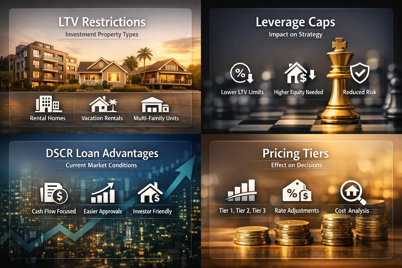 Infographic showing LTV restrictions, leverage caps, DSCR loan advantages, and pricing tiers for refinancing decisions.