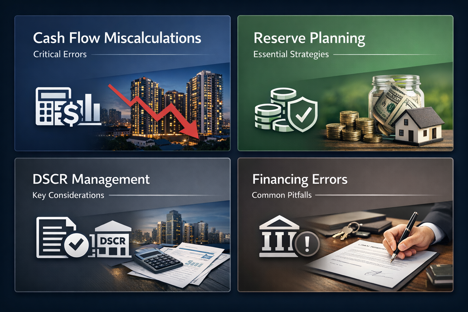 Infographic showing cash flow miscalculations, reserve planning, DSCR management, and financing errors for rental investors.