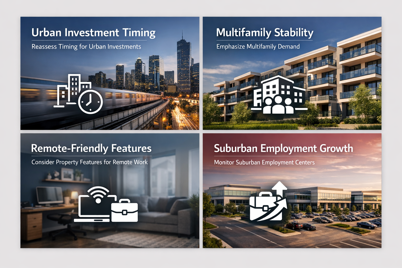 Infographic showing urban investment timing, multifamily stability, remote-friendly features, and suburban employment growth.