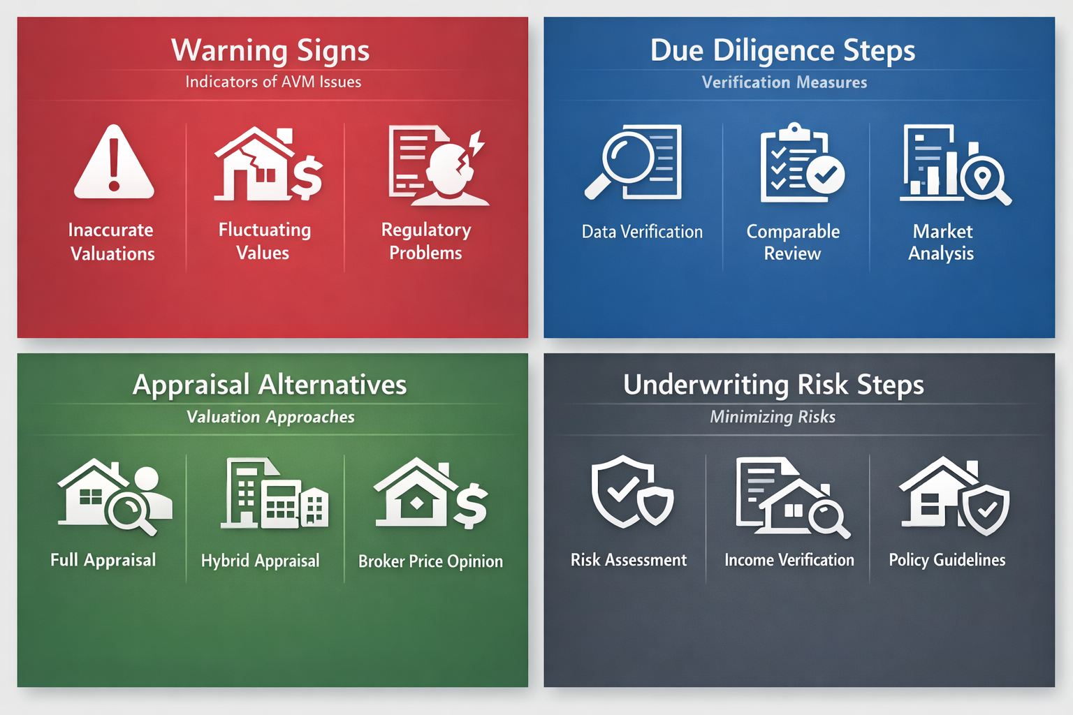 Infographic showing warning signs of AVM issues, due diligence steps, appraisal alternatives, and underwriting risk steps.