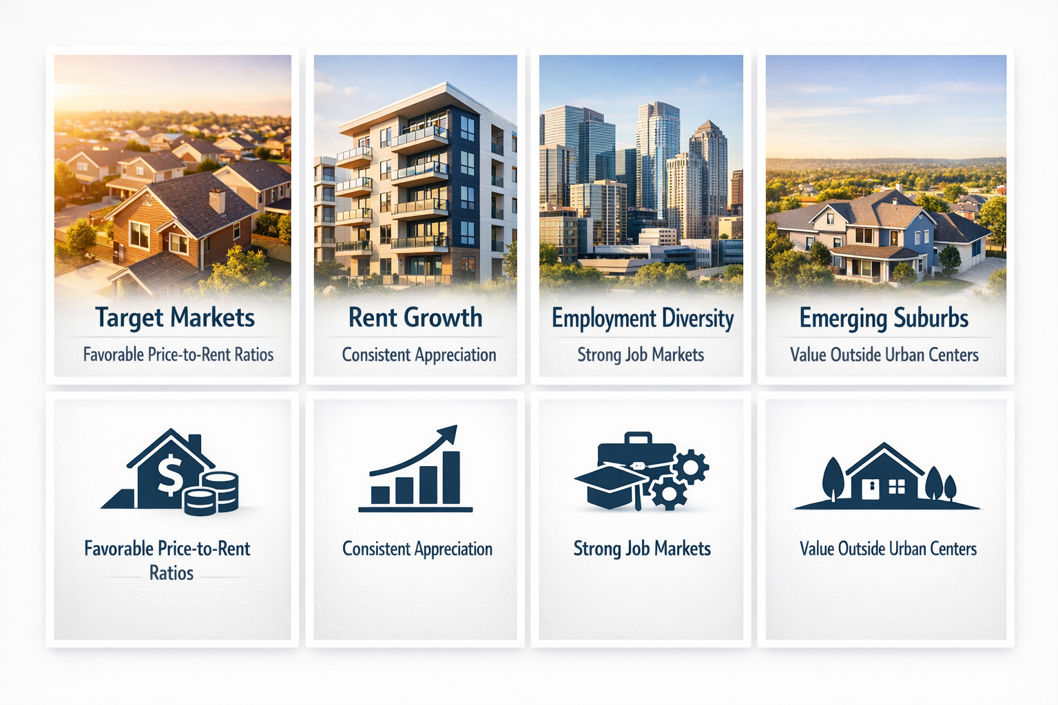 Infographic showing strategic market selection tips for rental investments during the housing affordability crisis.