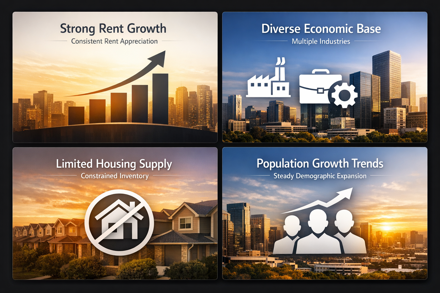 Infographic showing essential market characteristics for rental markets, including rent growth, economic diversity, housing supply, and population trends.